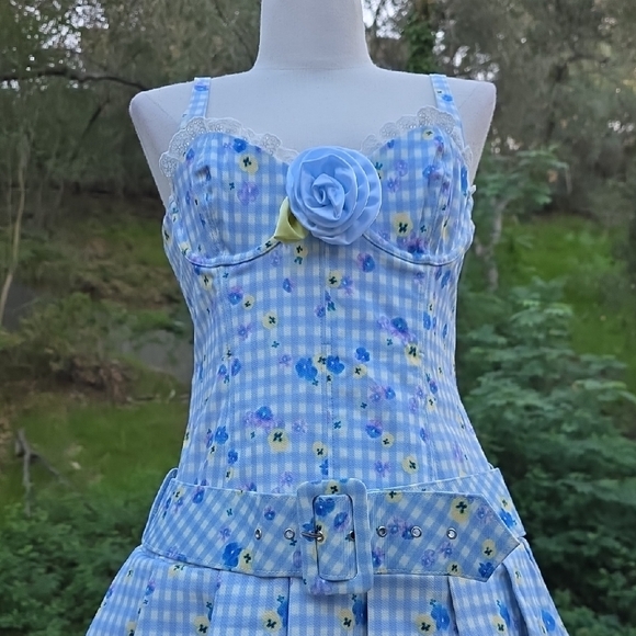 NEW $269 FOR LOVE AND LEMONS BRIGITTA FLORAL GINGHAM DENIM MINI DRESS W/ROSE S - Picture 4 of 13